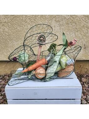 Farmhouse Style Bunny Shaped Decorative Wire Basket Filled With Fabric Veggies